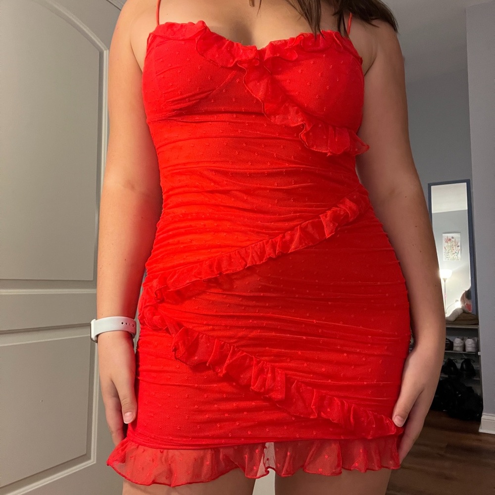 Lucy in the Sky- Bright Red Meshy Bodycon Dress